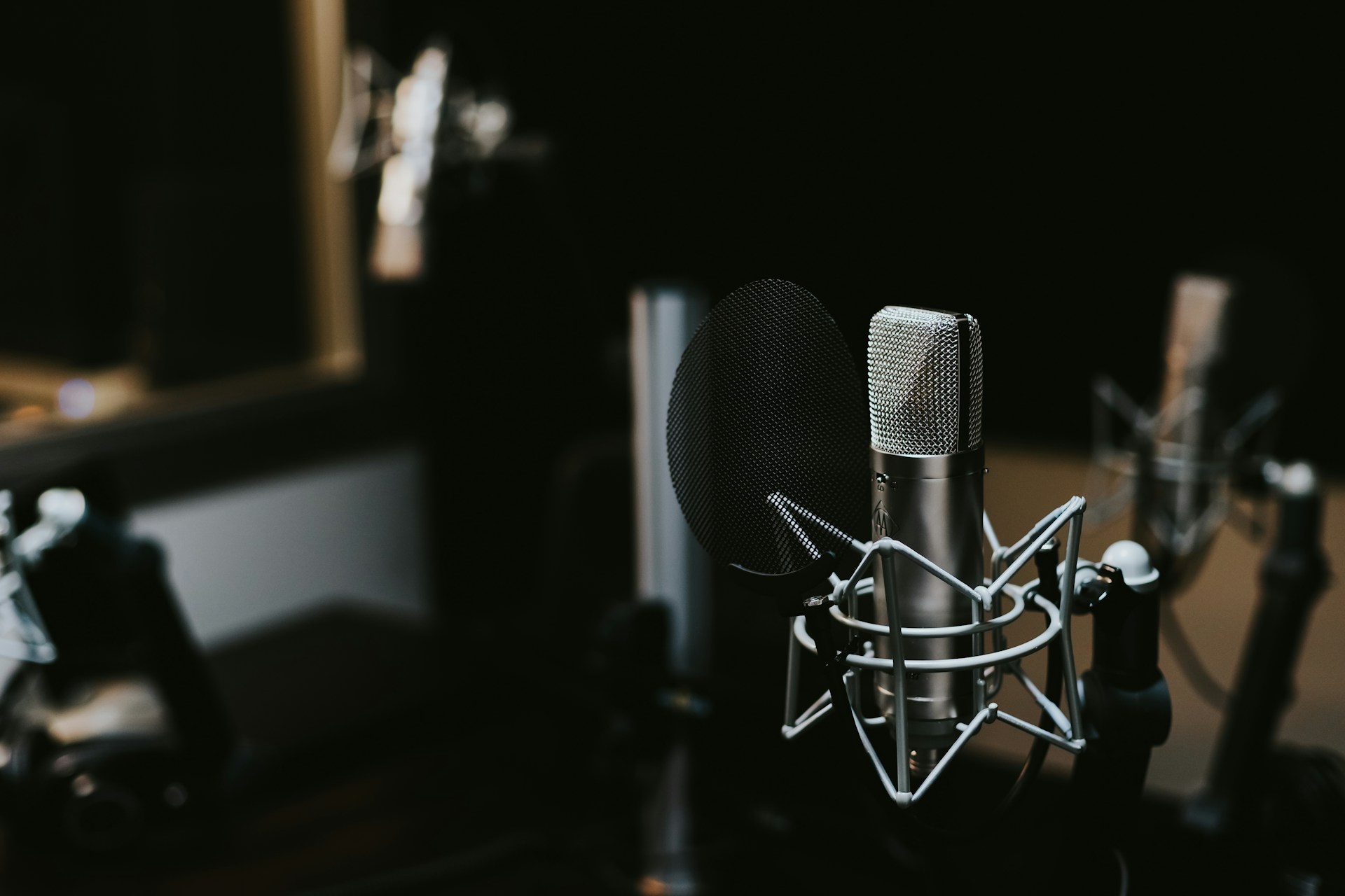 Close-up of microphone in recording studio